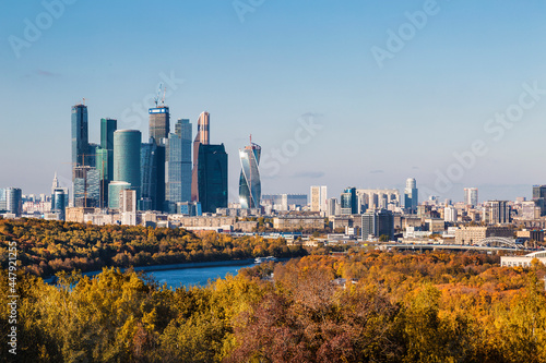 View of Moscow from the Sparrow Hills on a sunny autumn day. Moscow  Russia