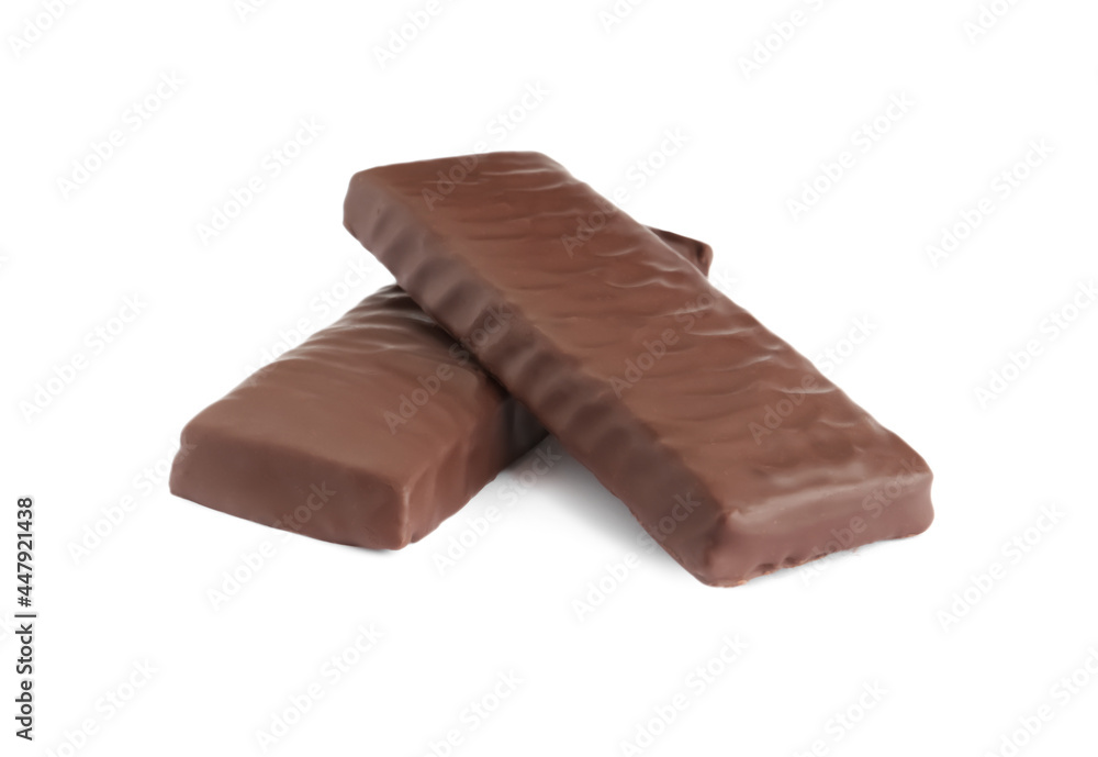 Tasty chocolate glazed protein bars on white background. Healthy snack Tasty chocolate glazed protein bars on white background. Healthy snack