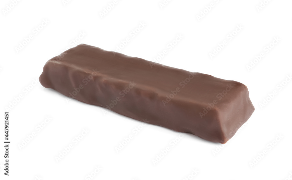 Tasty chocolate glazed protein bar isolated on white. Healthy snack Tasty chocolate glazed protein bar isolated on white. Healthy snack
