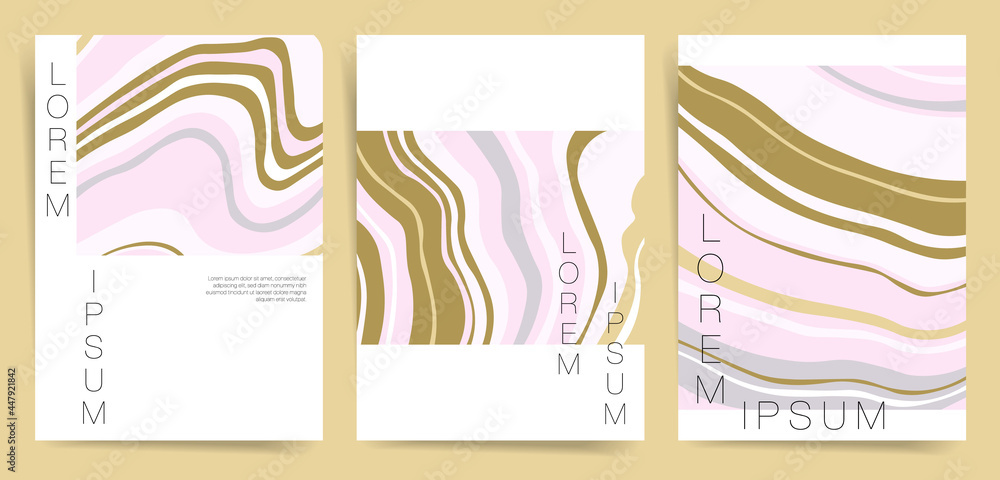 Minimal marble flyers set. Abstract watercolor marble poster templates for identity, fashion or modern banner, brochure. Artistic cover marble texture background. Vector pink, brown minimal set.