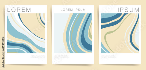 Minimal marble flyers set. Abstract watercolor marble poster templates for identity, fashion or modern banner, brochure. Artistic cover marble texture background. Vector blue, beige minimal posters.