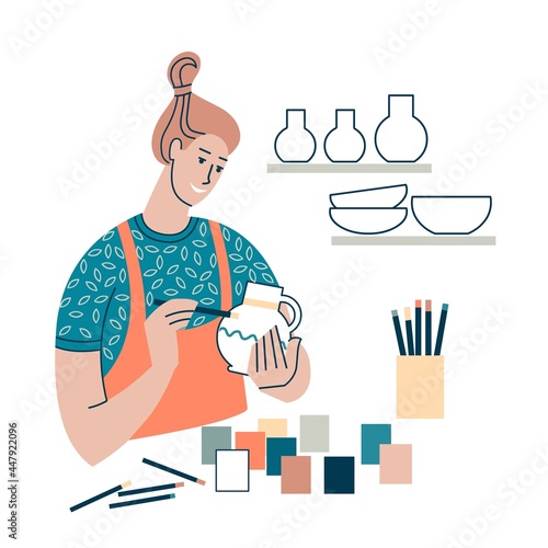 Woman paints ceramic ware. Art class ceramics for adults. Master class and hobby. Character woman artisan. Flat design isolated on white background. 