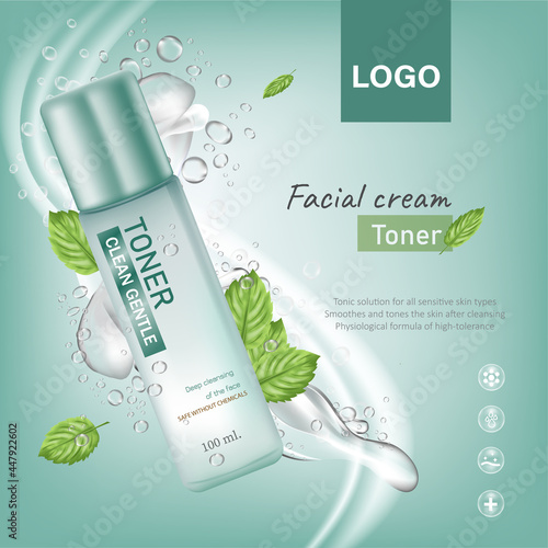 cosmetics bottles ad banner with mint, water splashes, and droplets on blue background. Body care cosmetic product close and open tubes. Realistic 3d vector advertising promo poster