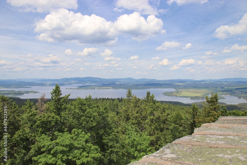A view to the lake Lipno and surrounded landscape from the castle at Vitkuv kamen, Czech republic
