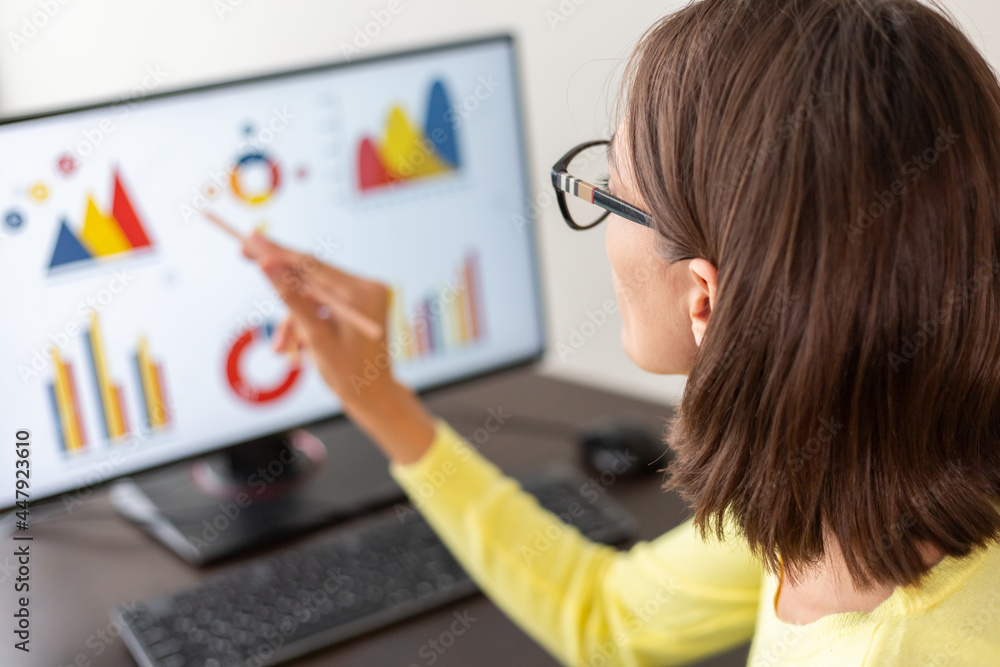 Caucasian advisor financial business analytics woman with data dashboard graphs Caucasian advisor financial business analytics woman with data dashboard graphs