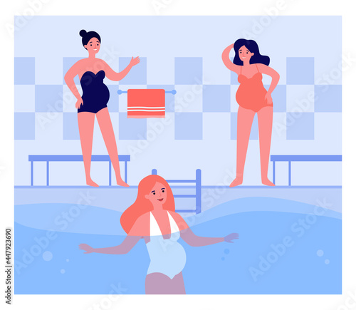 Happy pregnant women attending swimming pool. Female character with belly in swimsuit swimming in water flat vector illustration. Pregnancy, sports concept for banner, website design or landing page