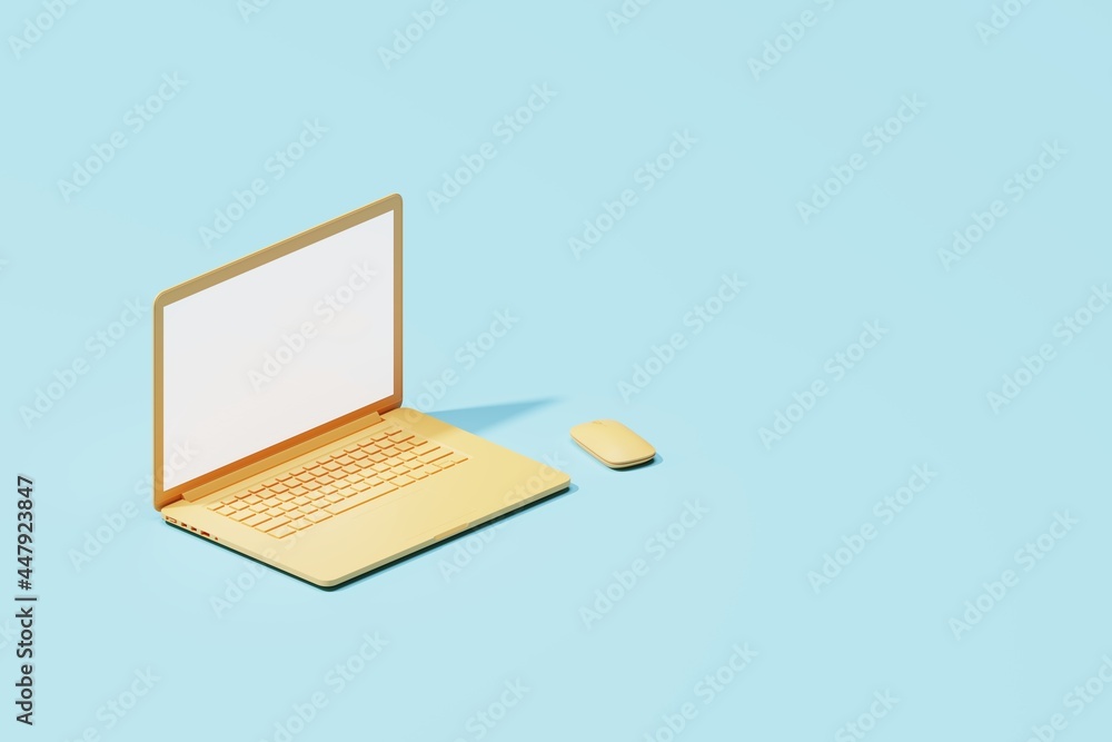 Yellow laptop standing with blank display for adding your content. Cyan background. 3D illustration. Yellow laptop standing with blank display for adding your content. Cyan background. 3D illustration.