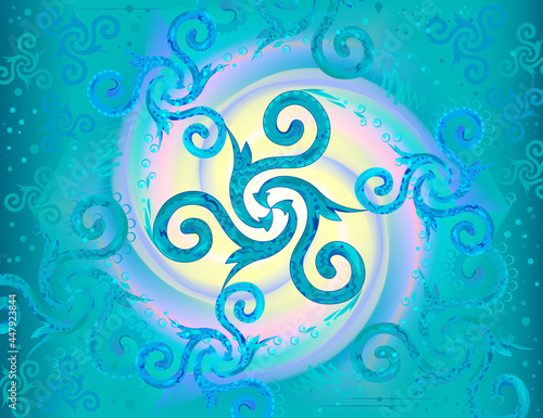 Modern art mural wallpaper with ancient triple spiral. Celtic triskele symbol ornament. Fantasy background with abstract Nordic decoration. Luxurious texture ornate for background, banner or design.