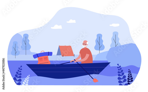 Elderly man going on hike flat vector illustration. Grandfather floating on river, sitting in boat, tent on shore. Camping, old age, retirement, travel, vacation, tourism concept for banner design