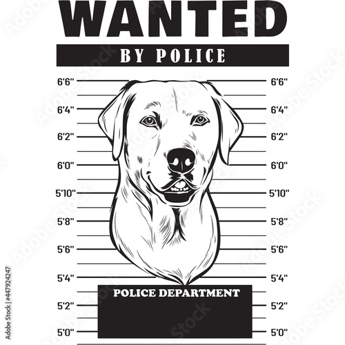 Mugshot of Labrador Dog holding banner behind bars

