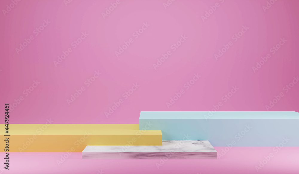 The pedestal on rose background with cylindrical stand concept Backdrop standing empty shelves 3D illustration.