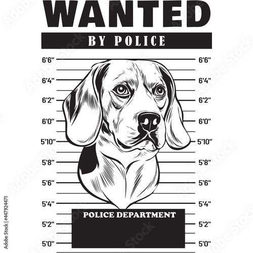 Mugshot of Beagle Dog holding banner behind bars
