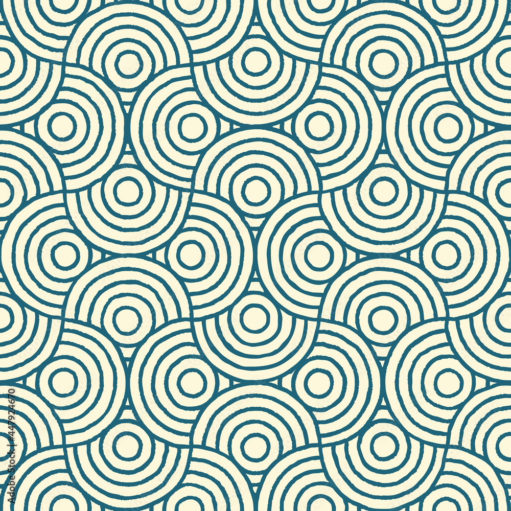 Vector semi circle hand painted seamless pattern. Water wave circle style. Fish Scale. Japanese geometric pattern design. 