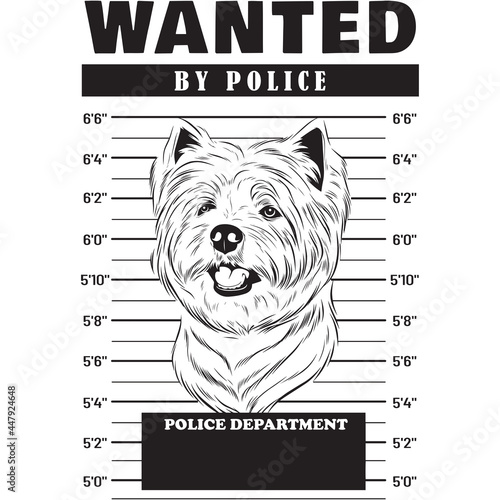 Mugshot of West Highland White Terrier Dog holding banner behind bars
