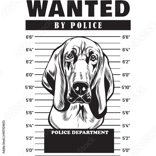 Mugshot of Blood Hound Dog holding banner behind bars
