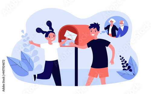 Grandchildren receiving letter from their grandparents. Flat vector illustration. Girl and boy taking out envelope from mailbox, rejoicing, getting message. Mail, family, childhood, delivery concept