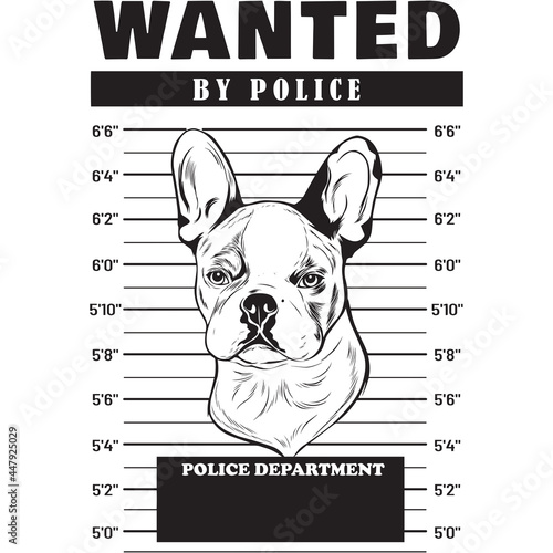 Mugshot of French Bulldog Dog holding banner behind bars
