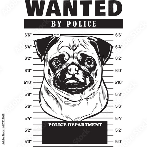 Mugshot of Pug Dog holding banner behind bars
