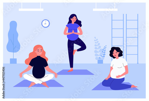 Happy pregnant women doing yoga exercises on mats. Female characters with bellies standing and sitting in yoga poses flat vector illustration. Pregnancy, fitness concept for banner or website design
