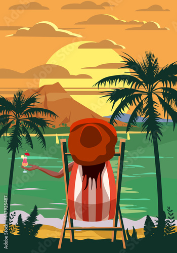 Woman lying on deck chair with cocktail in hand, resort tropical coast. Exotic sea ocean sunset shore sand, palms. Vector illustration retro vintage poster