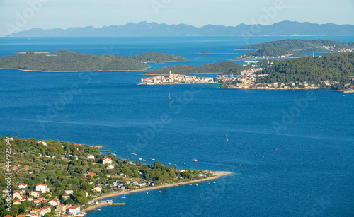 AERIAL: Flying above the Peljesac peninsula overlooking the old fort of Korcula.
