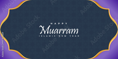 Happy muharram Islamic Hijri New Year purple background. Lantern vector illustration. Muslim community festival background banner template design.