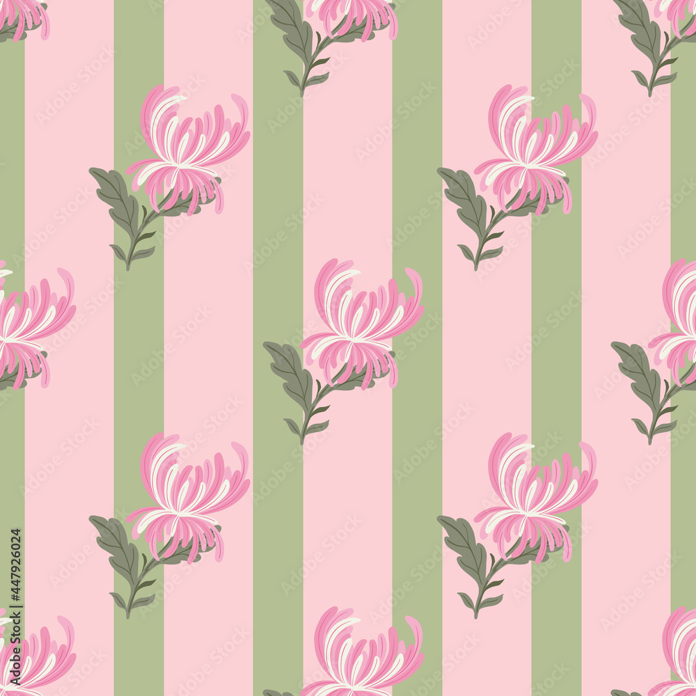 Obraz premium Blossom seamless pattern with pink diagonal chrysanthemum flowers shapes print. Striped background.