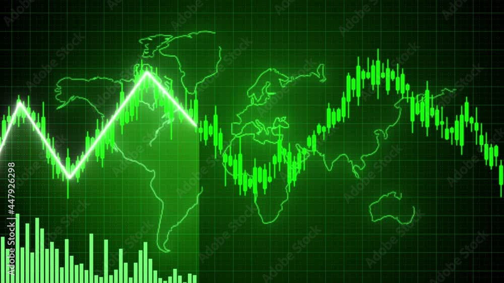 Motion of red green candle stick graph chart of stock market trading with animated world map background, Bullish Bearish stock point. Economy trends charts for business. Financial investment concept. Motion of red green candle stick graph chart of stock market trading with animated world map background, Bullish Bearish stock point. Economy trends charts for business. Financial investment concept.