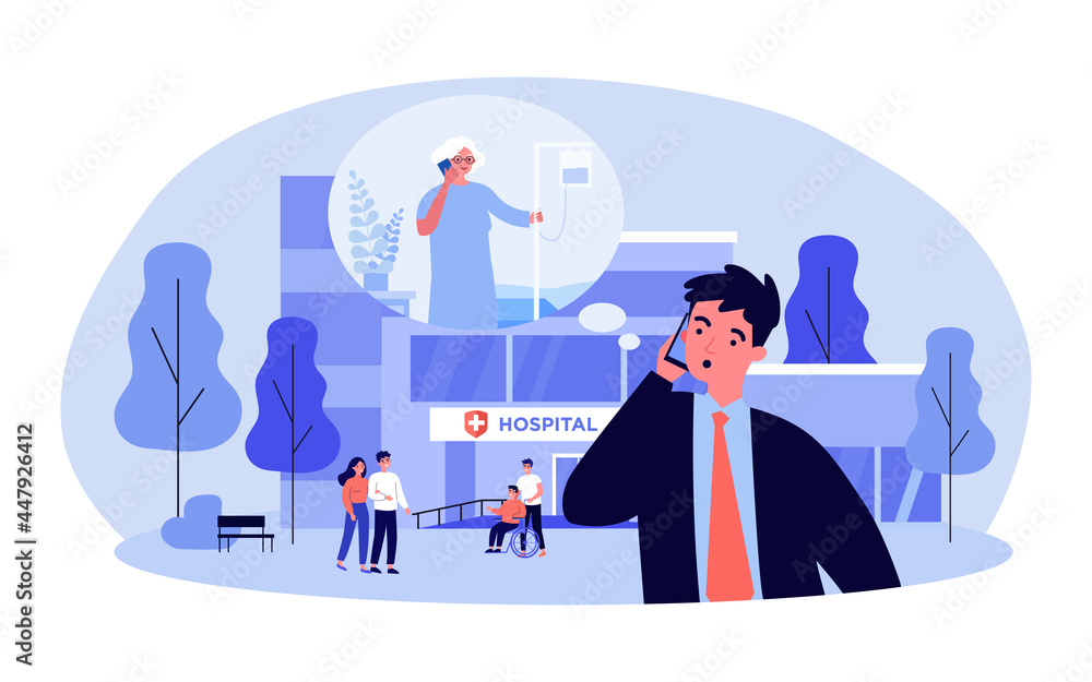 Worried son calling elderly mother at hospital. Businessman standing outside medical center flat vector illustration. Healthcare, medicine concept for banner, website design or landing web page Worried son calling elderly mother at hospital. Businessman standing outside medical center flat vector illustration. Healthcare, medicine concept for banner, website design or landing web page