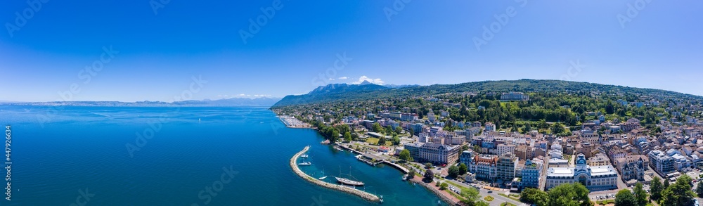 Obraz premium Aerial view of Evian (Evian-Les-Bains) city in Haute-Savoie in France