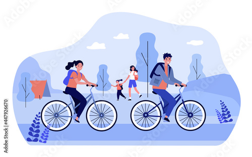 People with backpacks enjoying nature. Flat vector illustration. Couple on bicycles, daughter with mom in background, tent set up in forest or park. Nature, walk, tourism, lifestyle, family concept