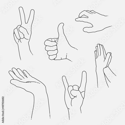 Hand gestures icon set. Peace, thumb up, pray, sign ok. Line design, editable strokes. Vector illustration EPS 10