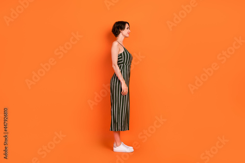 Full length profile side photo of young attractive girl happy positive smile look empty space isolated over orange color background