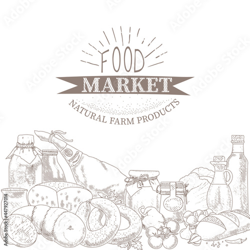 An illustration of organic food products in an engraved style. Products of the farmers market. The concept of a grocery store.