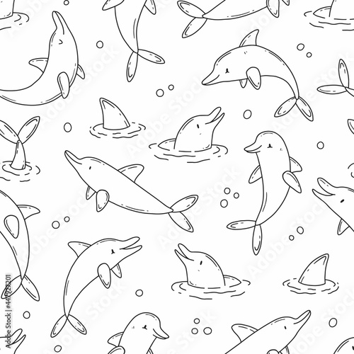 Seamless black and white background with cute dolphins and bubbles in cartoon doodle style. Vector illustration background.