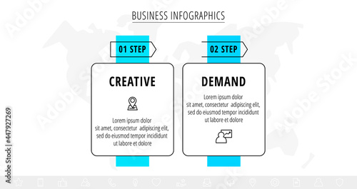 Vector line infographics with 2 rectangles and arrows. Flat chart process template with two icons. Modern timeline for business project, presentation, web, diagram, content