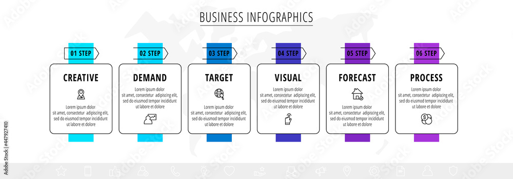 Vector line infographics with 6 rectangles and arrows. Flat chart ...