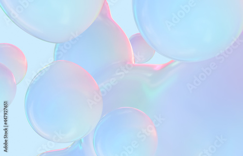 Abstract 3d art background. Holographic floating liquid blobs, soap bubbles, metaballs.