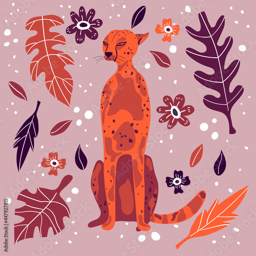 Vászonkép Cute cheetah hand drawn flat vector illustration