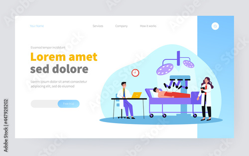 Surgeons watching robot doing surgical operation flat vector illustration. Cartoon patient lying on bed under anesthetic. Robotic surgery and future technology concept