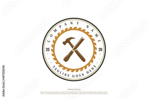 Vintage Crossed Hammer Chisel Carpentry Woodworking Logo Design Vector