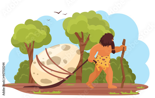 Primitive man with prehistoric dinosaur egg vector illustration. Cartoon stone age hungry hunter, caveman character dragging, hunting dino egg, prehistory ancient jurassic era scene isolated on white