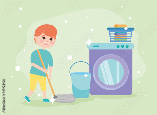 boy with mop cleaning and supplies