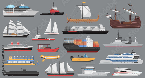 Ship set, sea ocean transport vector illustration. Cartoon ship collection with vessel boat, sailboat yacht, cruise liner, marine cargo freight delivery with containers isolated on grey background