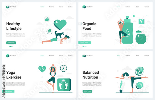 Yoga workout for body health, sport exercises, diet vector illustration. Cartoon healthy lifestyle modern green concept landing page set with organic food, active training in gym to lose weight