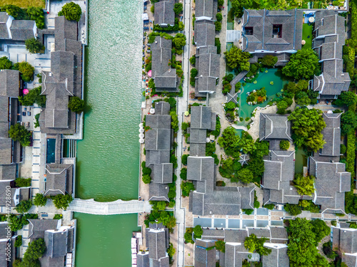 Aerial photography of Chinese garden landscape in Xietang Old Street of Suzhou Canal