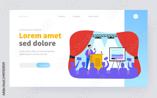 Crowd of buyers bidding at auction isolated flat vector illustration. Cartoon man standing near picture on stage, selling painting and holding gavel. Art gallery and public sale concept