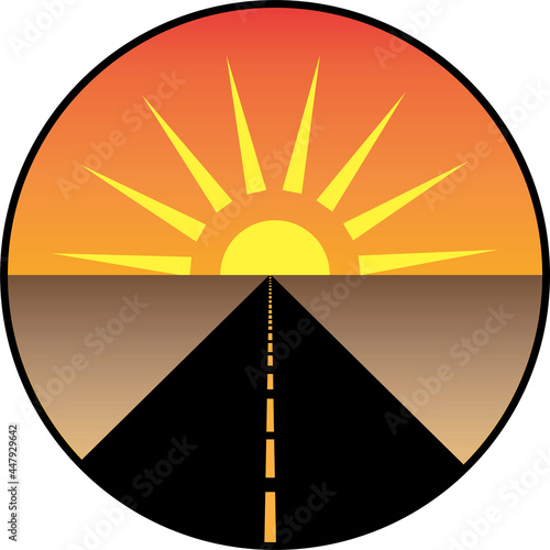 A sunset at the end of a black road in a circle icon - Vector Illustration