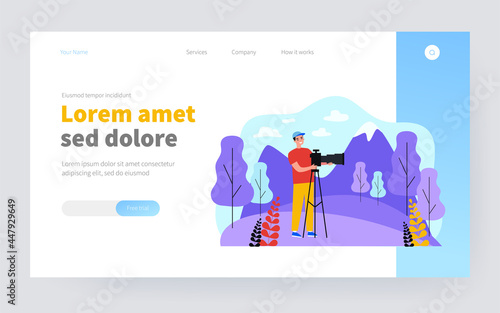 Happy travel photographer taking picture of mountain isolated flat vector illustration. Cartoon man standing and using DSLR camera on tripod. Photography of nature and landscape concept