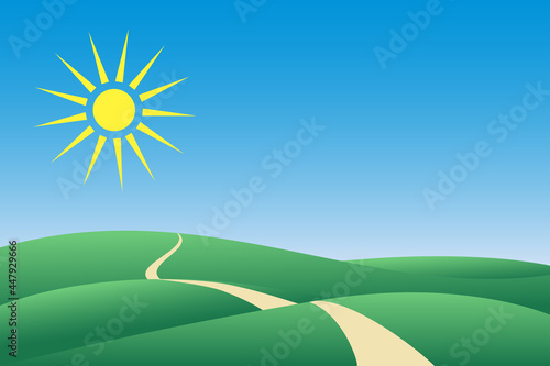 Green landscape with a hiking trail and bight sun - Vector Illustration